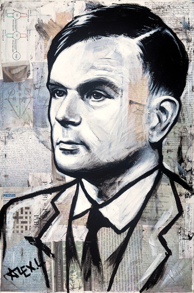This artwork depicts Alan Turing in muted grey tones atop a collage of electronic schematics and equations