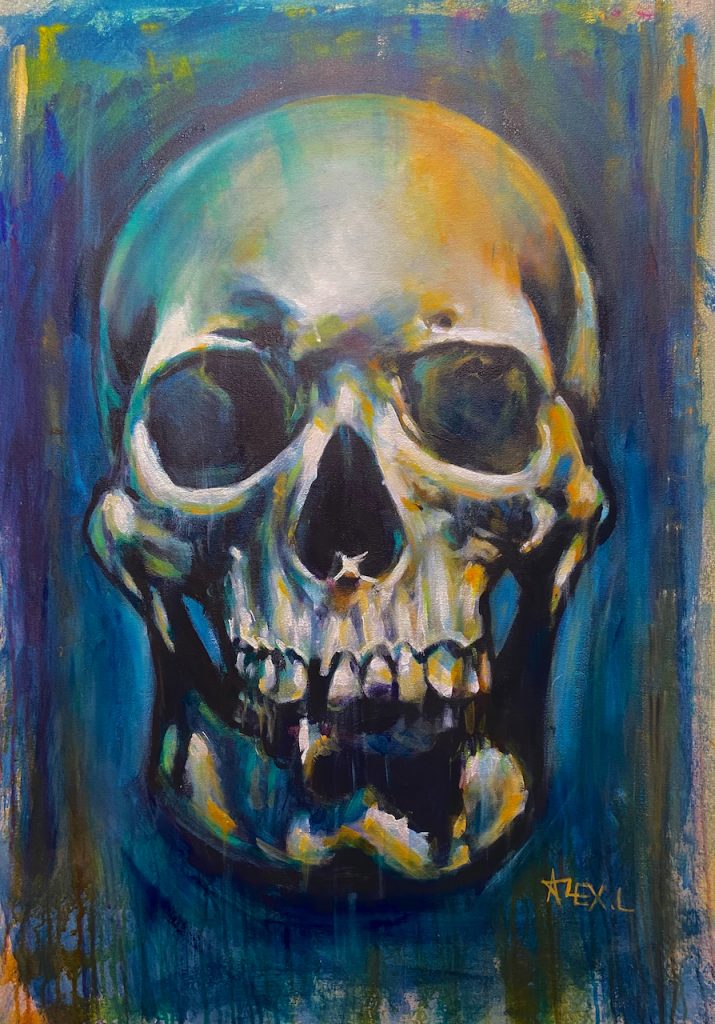 A human skull facing the viewer in loose strokes of oranges and blues