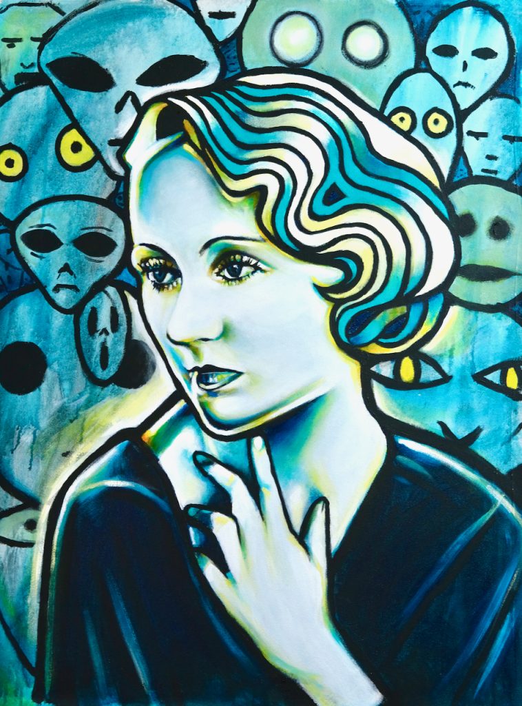 The Others is a painting by Alex Loveless that depicts a woman looking pensive depicted in muted yellows and teals. Behing her are many creepy, cartoonish alien faces. The artwork is meant to depict disaffection and isolation.