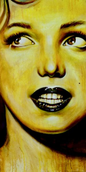 A painting of a closeup of Marilyn Monroe's face rendered in bright yellow, ocres and brown