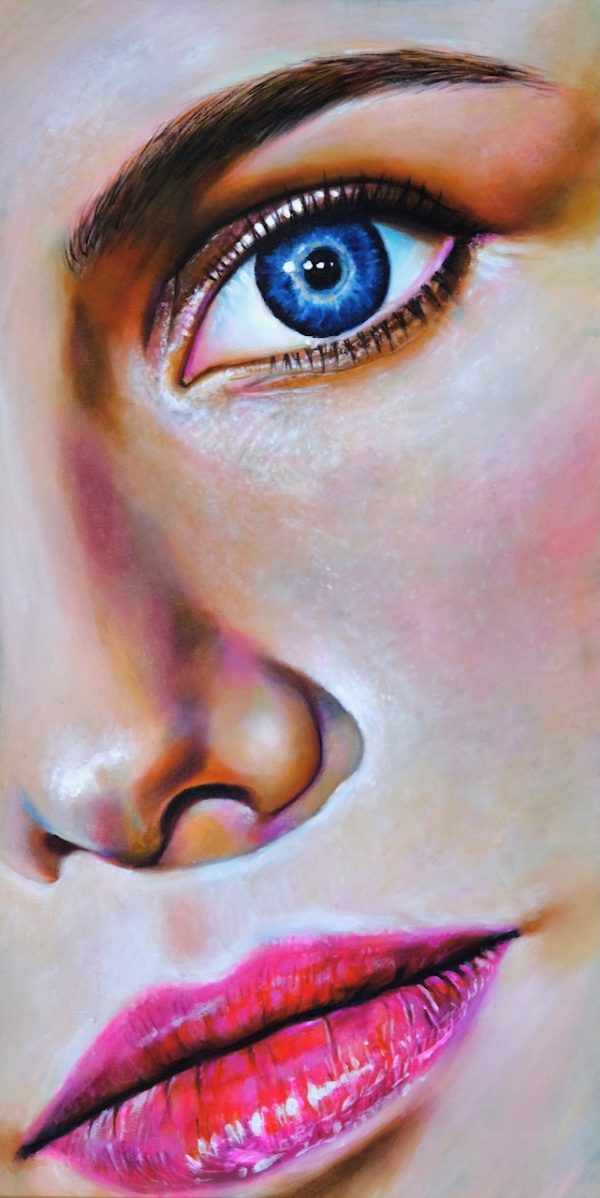 A painting of a close-up of a woman's face rendered in hyperreal style